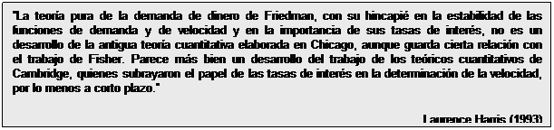 Cuadro de texto: La teoría pura de la demanda de dinero de Friedman, con su hincapié en la estabilidad de las funciones de demanda y de velocidad y en la importancia de sus tasas de interés, no es un desarrollo de la antigua teoría cuantitativa elaborada en Chicago, aunque guarda cierta relación con el trabajo de Fisher. Parece más bien un desarrollo del trabajo de los teóricos cuantitativos de Cambridge, quienes subrayaron el papel de las tasas de interés en la determinación de la velocidad, por lo menos a corto plazo. 
Laurence Harris (1993)
