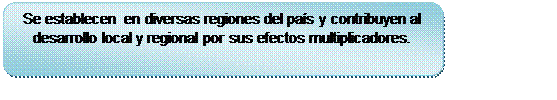 Rectángulo redondeado: Se establecen  en diversas regiones del país y contribuyen al desarrollo local y regional por sus efectos multiplicadores.
