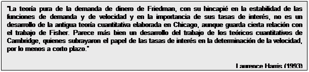 Cuadro de texto: La teoría pura de la demanda de dinero de Friedman, con su hincapié en la estabilidad de las funciones de demanda y de velocidad y en la importancia de sus tasas de interés, no es un desarrollo de la antigua teoría cuantitativa elaborada en Chicago, aunque guarda cierta relación con el trabajo de Fisher. Parece más bien un desarrollo del trabajo de los teóricos cuantitativos de Cambridge, quienes subrayaron el papel de las tasas de interés en la determinación de la velocidad, por lo menos a corto plazo. 
Laurence Harris (1993)

