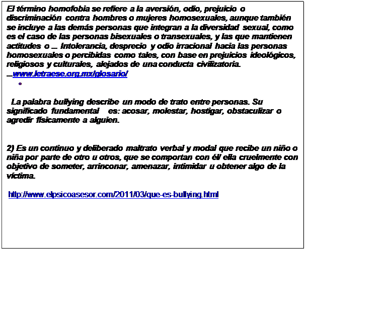 Cuadro de texto: El término homofobia se refiere a la aversión, odio, prejuicio o discriminación contra hombres o mujeres homosexuales, aunque también se incluye a las demás personas que integran a la diversidad sexual, como es el caso de las personas bisexuales o transexuales, y las que mantienen actitudes o ... Intolerancia, desprecio y odio irracional hacia las personas homosexuales o percibidas como tales, con base en prejuicios ideológicos, religiosos y culturales, alejados de una conducta civilizatoria. ...www.letraese.org.mx/glosario/  •	    La palabra bullying describe un modo de trato entre personas. Su significado fundamental    es: acosar, molestar, hostigar, obstaculizar o agredir físicamente a alguien.    2) Es un continuo y deliberado maltrato verbal y modal que recibe un niño o niña por parte de otro u otros, que se comportan con él/ ella cruelmente con objetivo de someter, arrinconar, amenazar, intimidar u obtener algo de la víctima.   http://www.elpsicoasesor.com/2011/03/que-es-bullying.html      